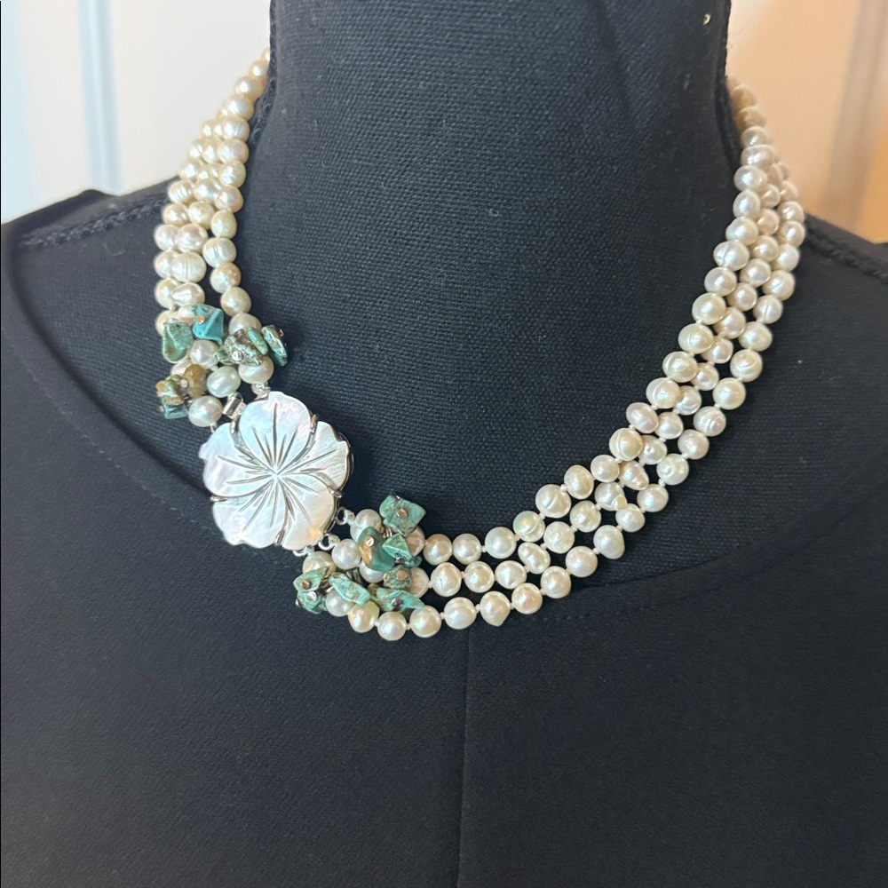 Hand Crafted Triple Strand Genuine Freshwater Pearl Turquoise Necklace Classic